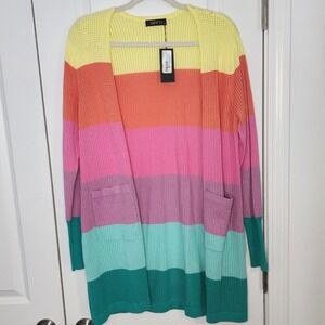 APNY Rainbow Stripe Mesh Knit Longline Cardigan Sweater M